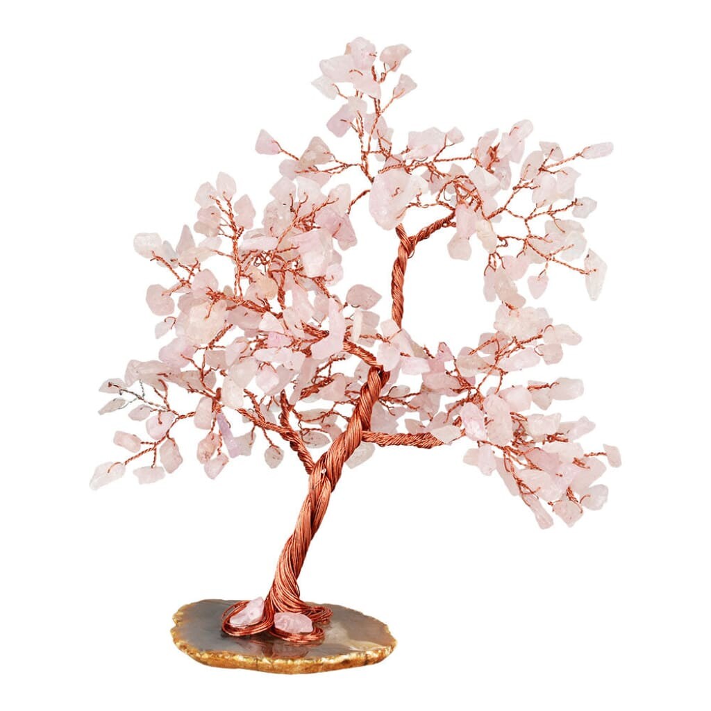 Rose Quartz Crystal Wire Tree with Petrified Wood Style Base for home décor