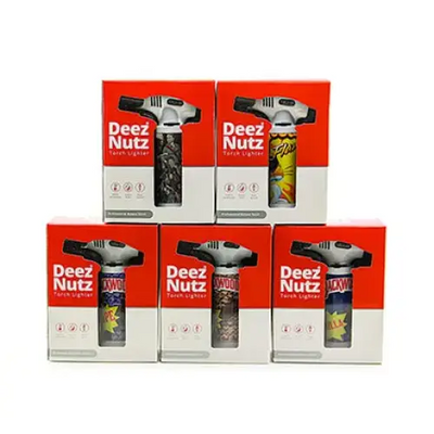 Red and silver Deez Nutz Torches premium lighter in branded packaging
