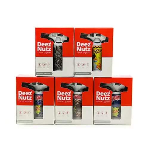 Red and silver Deez Nutz Torches premium lighter in branded packaging