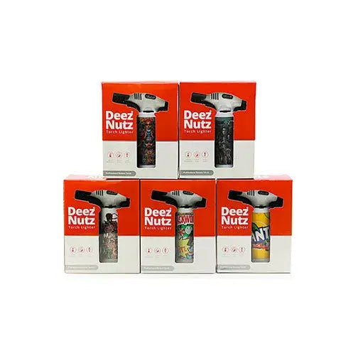Deez nutz torches premium lighter with black silver body and colorful graphics