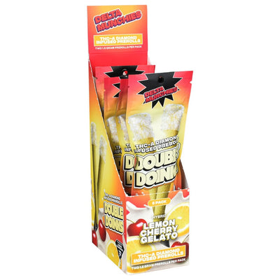Display box of Delta Munchies Double Doink THC-A pre-rolls in Lemon Cherry Gelato flavor