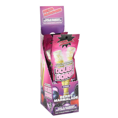 Display box of Delta Munchies Double Doink THC-A berry marmalade cannabis pre-rolls