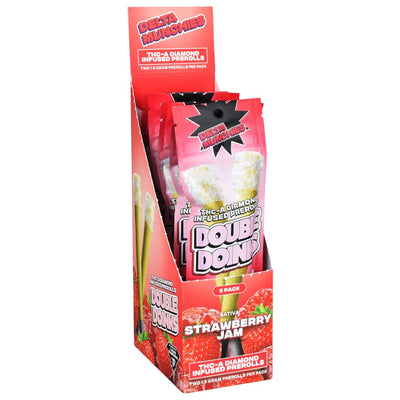 Display box of Delta Munchies Double Doink THC-A strawberry pre-rolls with diamonds