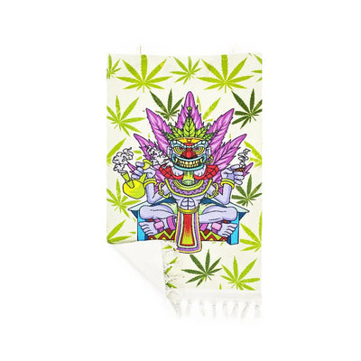 Vibrant Aztec Art wall hanging featuring marijuana-themed beach towel design