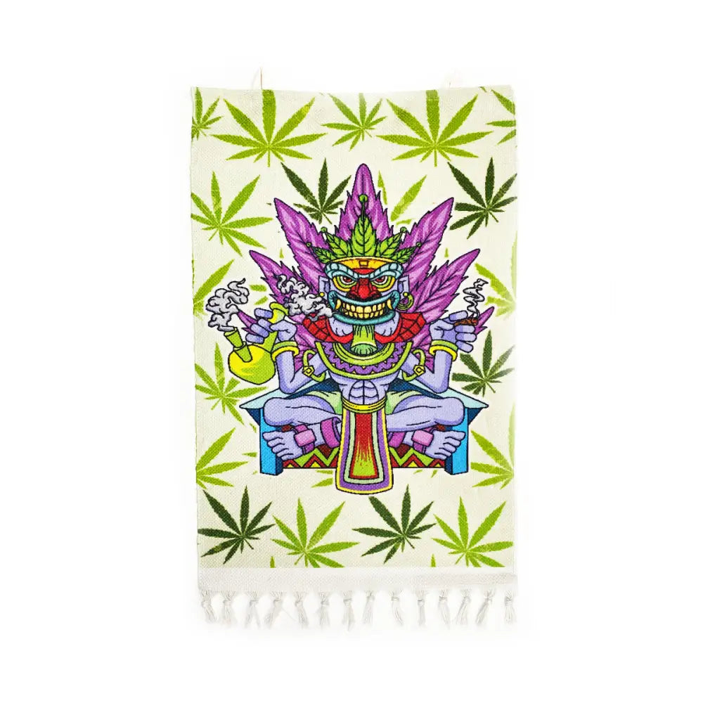 Vibrant Aztec Art Wall Hanging featuring tasseled beach towel with cannabis-themed design