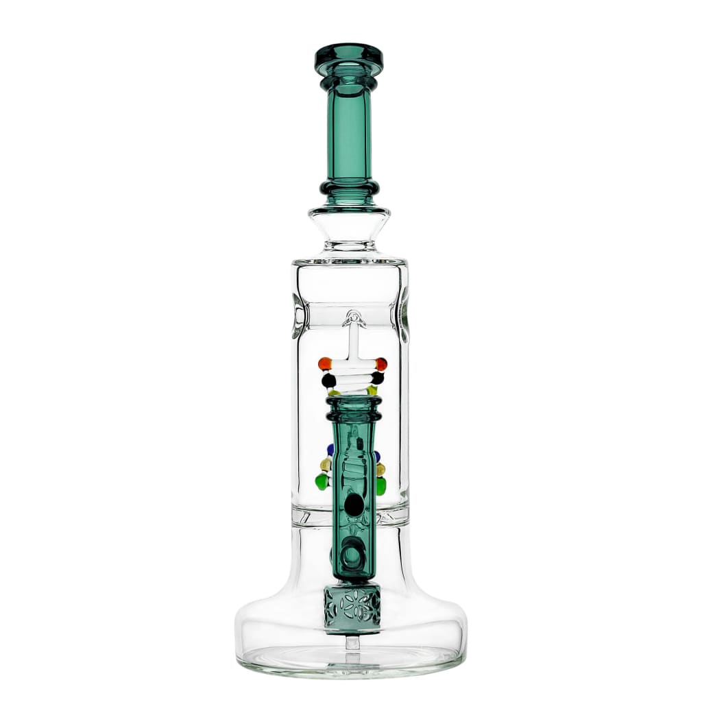 Dna Dab Rig with Spider Web Perc and DNA Shaped Perc in green-accented glass