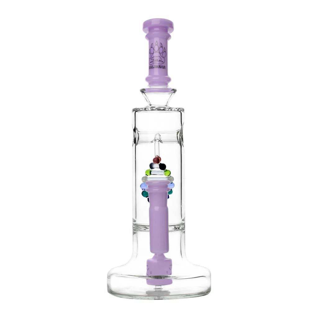 Clear glass DNA Dab Rig with purple accents and DNA shaped perc features