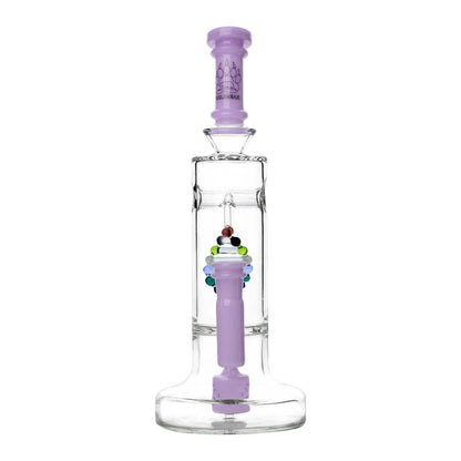 Clear glass DNA Dab Rig with purple accents and DNA shaped perc features