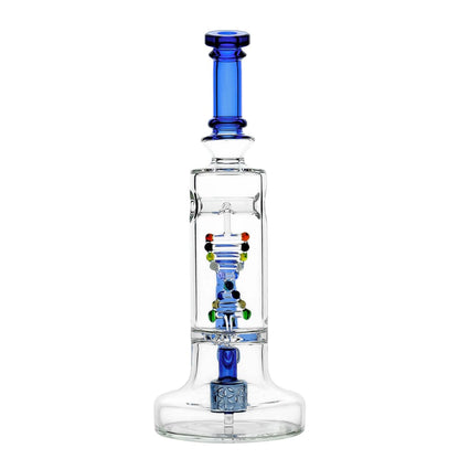 Clear glass DNA Dab Rig with blue accents and unique DNA shaped perc design
