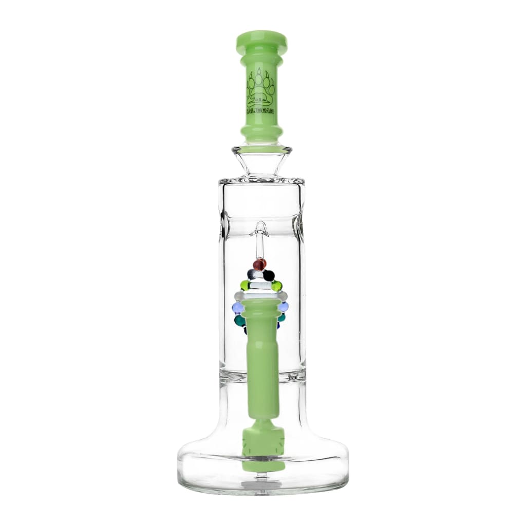 Clear glass DNA Dab Rig with green accents, featuring Spider Web and DNA shaped perc