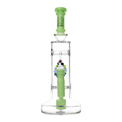 Clear glass DNA Dab Rig with green accents, featuring Spider Web and DNA shaped perc