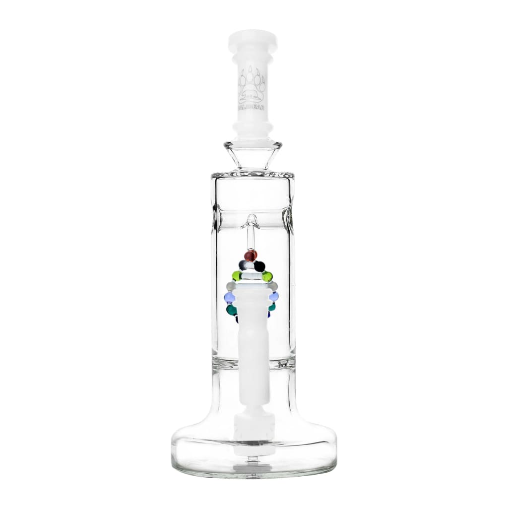 Clear glass DNA Dab Rig with colorful bead accent and intricate DNA shaped perc design