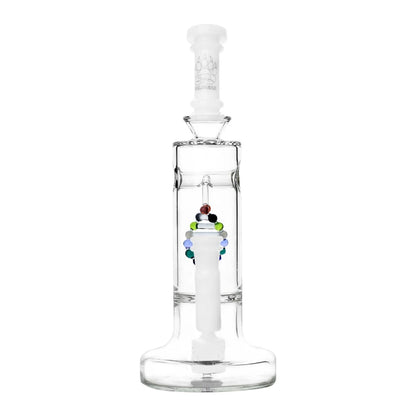 Clear glass DNA Dab Rig with colorful bead accent and intricate DNA shaped perc design