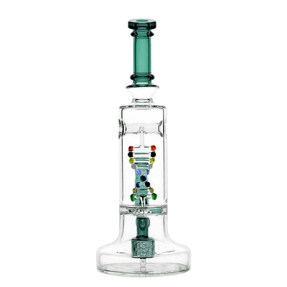 Glass water pipe with teal accents featuring a DNA shaped perc for smooth dabbing