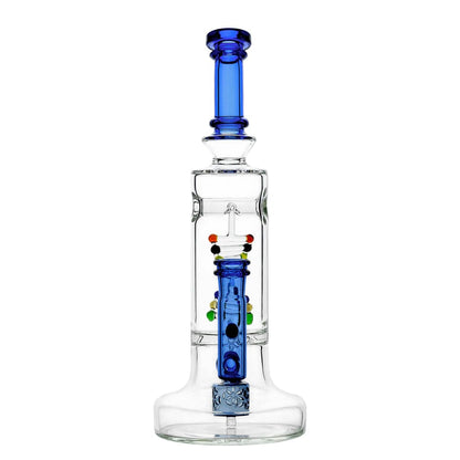Glass water pipe featuring blue accents and percolator for DNA dab rig enthusiasts