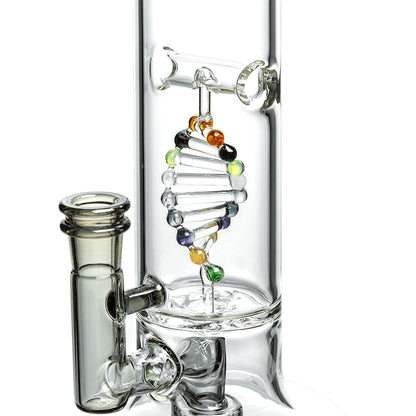 Glass water pipe with DNA shaped perc in Dna Dab Rig featuring spider web perc design