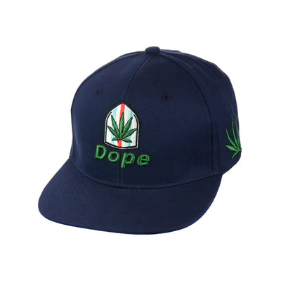 Navy blue Dope Leaf Embroidered Snapback Hat with marijuana leaf design for comfort