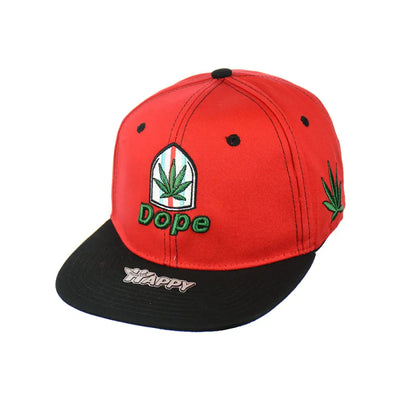 Red and black Dope Leaf Embroidered Snapback Hat with marijuana logo and text