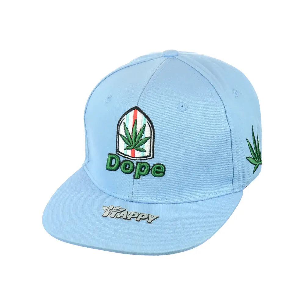 Light blue Dope Leaf Embroidered Snapback Hat with marijuana logos and text