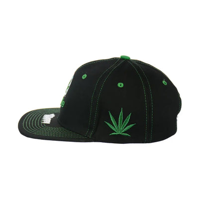 Black baseball cap with green marijuana leaf embroidery, Dope Leaf Embroidered Snapback