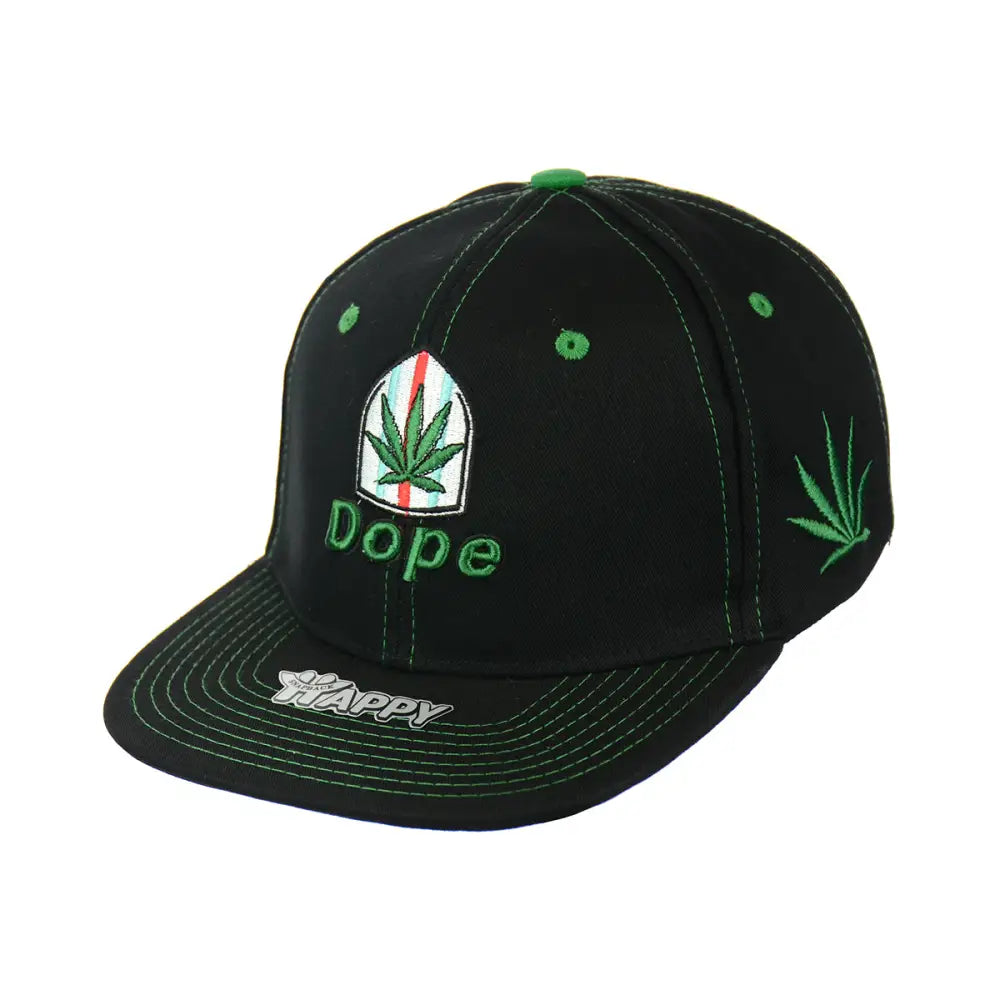 Black Dope Leaf Embroidered Snapback Hat with green marijuana designs for style and comfort