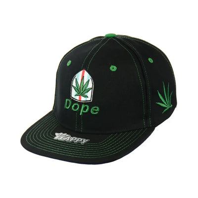Black dope leaf embroidered snapback hat with green marijuana leaf designs