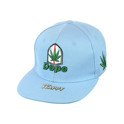 Light blue Dope Leaf Embroidered Snapback Hat with marijuana leaf logos and text
