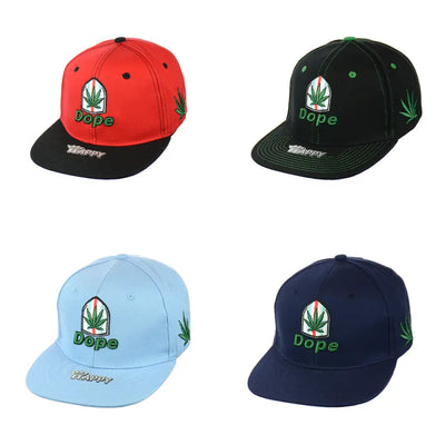 Four Dope Leaf Embroidered Snapback Hats in red, black, light blue, and navy