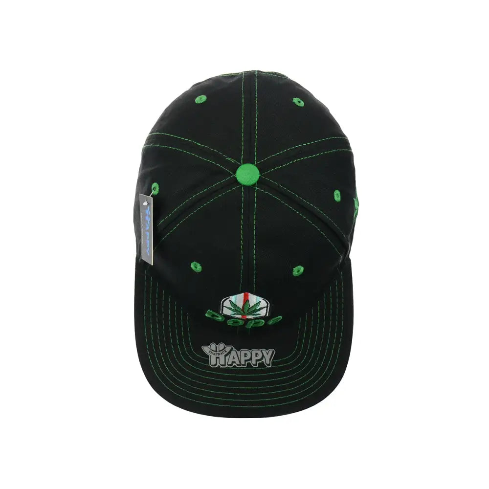 Black dope leaf embroidered snapback hat with green stitching and marijuana leaf logo