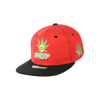 Red and black drip leaf embroidered snapback hat with marijuana leaf designs