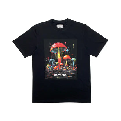 Black drippy mushroom half sleeve T-shirt with colorful mushroom graphic for casual style