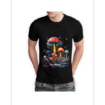Black Drippy Mushroom Half Sleeve T-shirt with colorful mushroom design in cotton blend