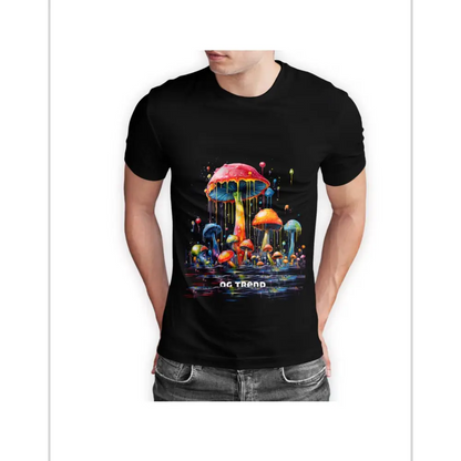 Black Drippy Mushroom Half Sleeve T-shirt with colorful mushroom design made of comfortable cotton blend