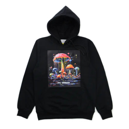 Black drippy mushroom hoodie featuring a stylish mushroom graphic for ultimate comfort