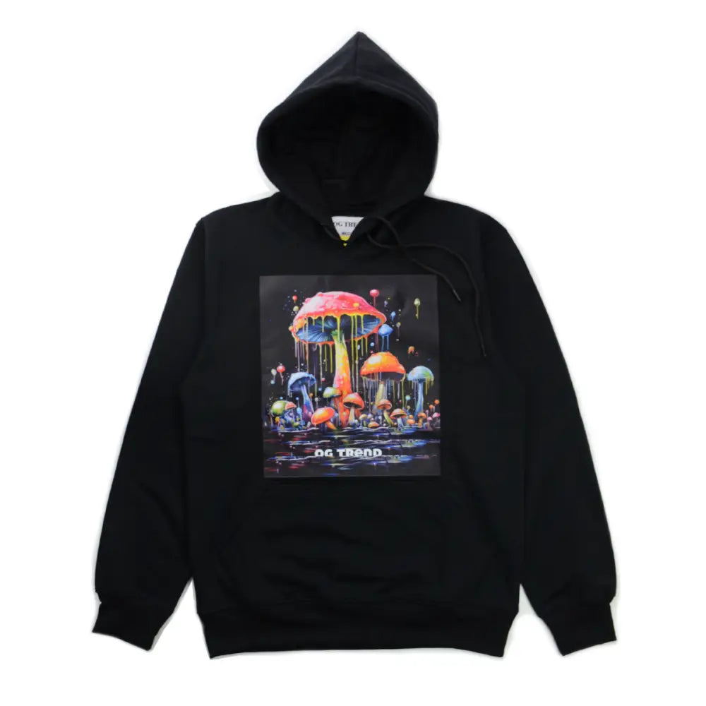 Black hoodie featuring a vibrant mushroom graphic, perfect for drippy mushroom style