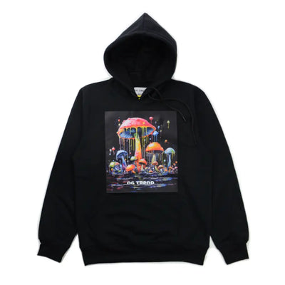 Black hoodie featuring a drippy mushroom graphic for comfort and style