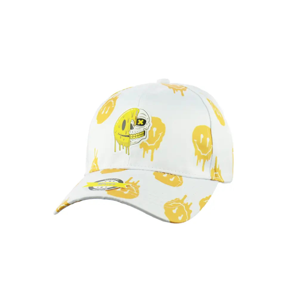 White cap with melting smiley face pattern, stylish drippy smile baseball hat snapback
