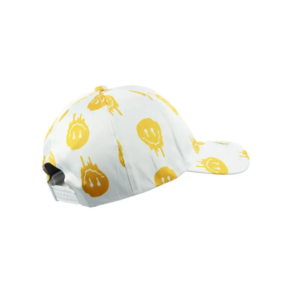 White drippy smile baseball hat snapback with melting smiley faces for stylish comfort