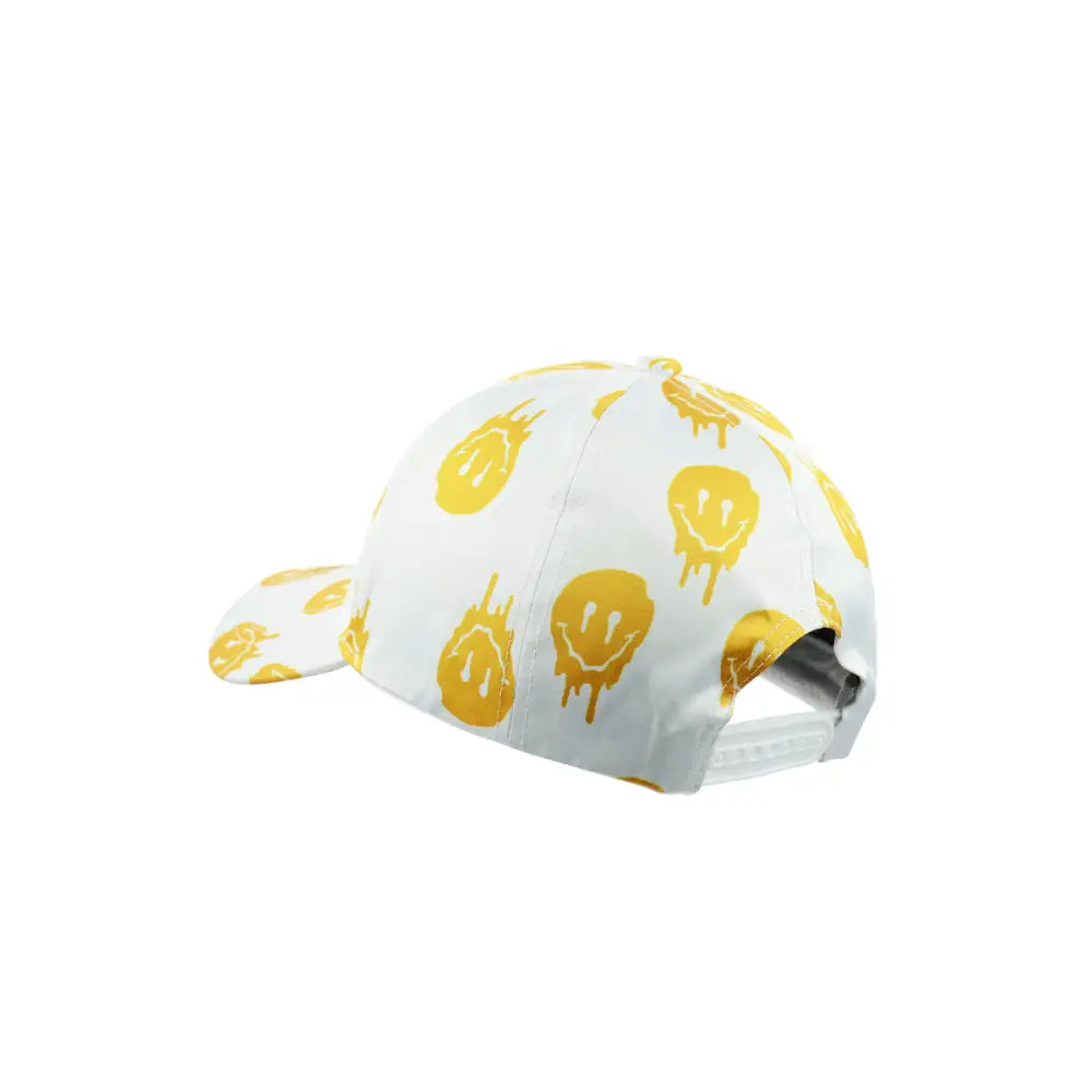 White drippy smile baseball hat snapback with yellow smiley faces for stylish comfort