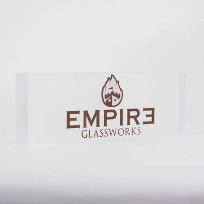 Empire acrylic plaque showcase display with brown logo and castle emblem