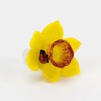 Empire Glassworks handcrafted daffodil themed yellow glass ring with ladybug