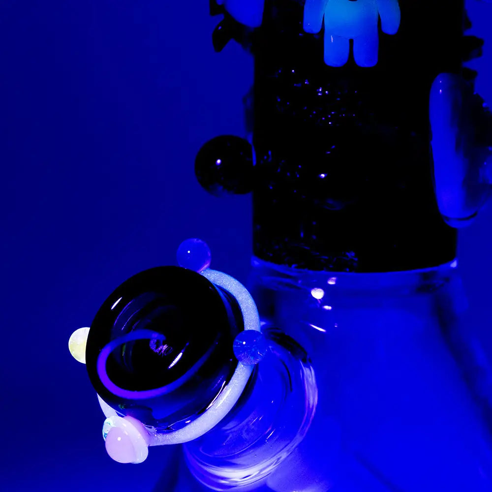 Empire Glassworks Baby Beaker-Galactic Bong with black glass and glowing blue accents