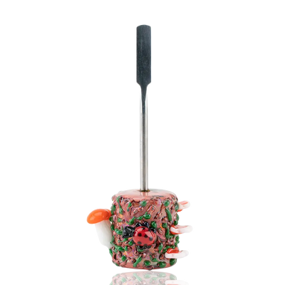 Empire Glassworks Bugs Life dab tool with pink glass base, green speckles, red ladybug