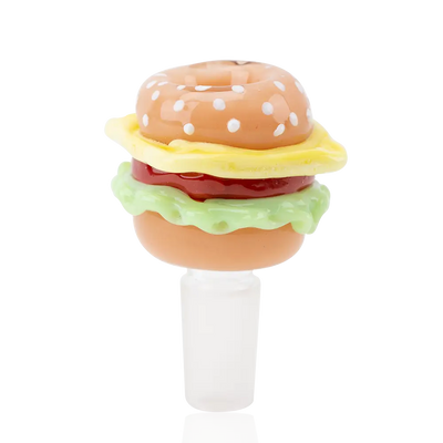 Empire Glassworks translucent glass burger bowl piece with cheese, ketchup, lettuce