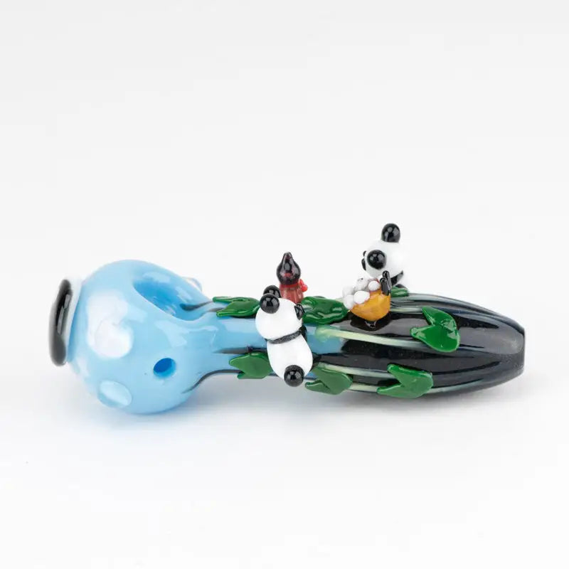 Empire Glassworks Climbing Pandas spoon pipe with blue polka-dotted bowl