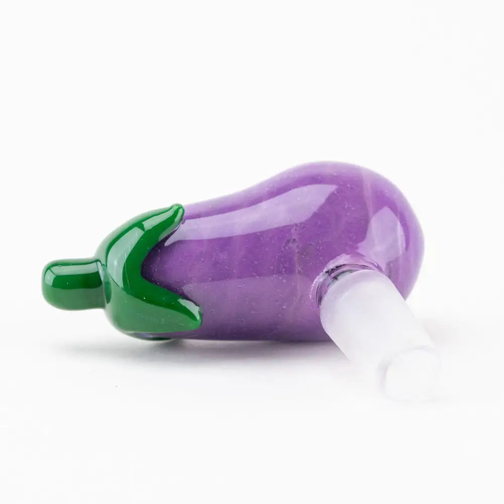 Empire Glassworks eggplant bowl piece, purple glass with green leafy top