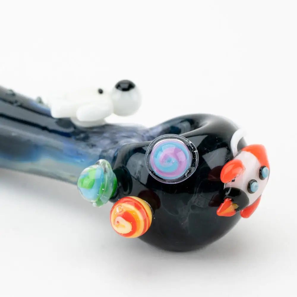 Empire Glassworks galactic spoon pipe with black glass, white dog, colorful spheres