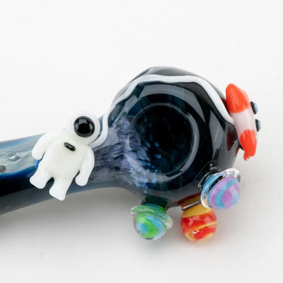 Empire Glassworks galactic spoon pipe with black glass, astronaut charm, marbled beads
