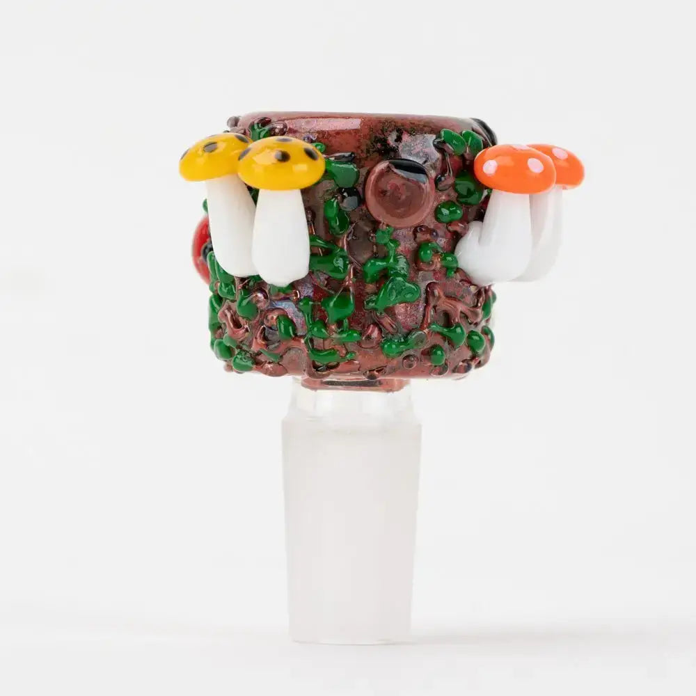 Empire Glassworks handcrafted Bug’s Life 14mm bowl with forest mushrooms