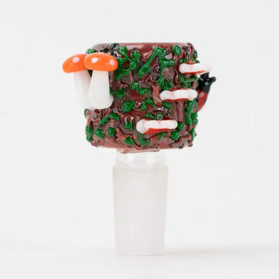 Empire Glassworks handcrafted Bugs Life 14mm bowl with forest mushrooms